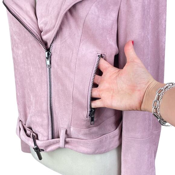 BB Dakota Blush Pink Faux Suede Asymmetrical Zip Belted Biker Moto Jacket - Picture 5 of 14